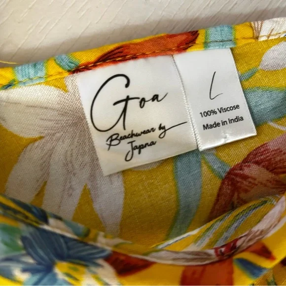 Goa Beachwear Japna Sz Large Tropical Floral Cover Up Dress Pom Pom Hem Yellow - Picture 7 of 12